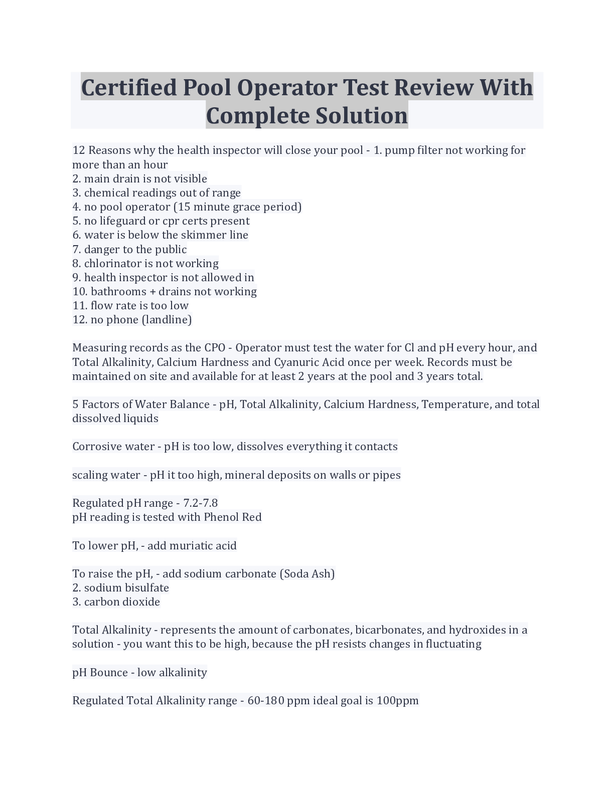 Preview of Certified Pool Operator Test Review With Complete Solution